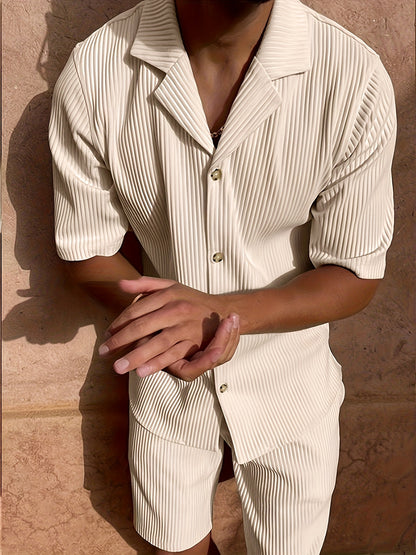 2 Peças Conjunto Casual Masculino de Verão, Camisa Manga Curta com Calça de Cordão och Tecido Não Elástico, Corte Regular för Uso Diário e Praia, Cor Sólida