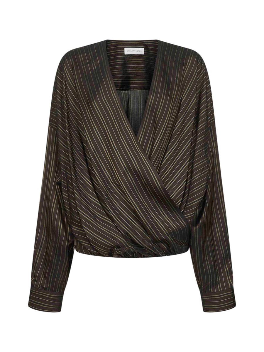 Dries Van Noten Brun Randig Cupro Draperad Blus