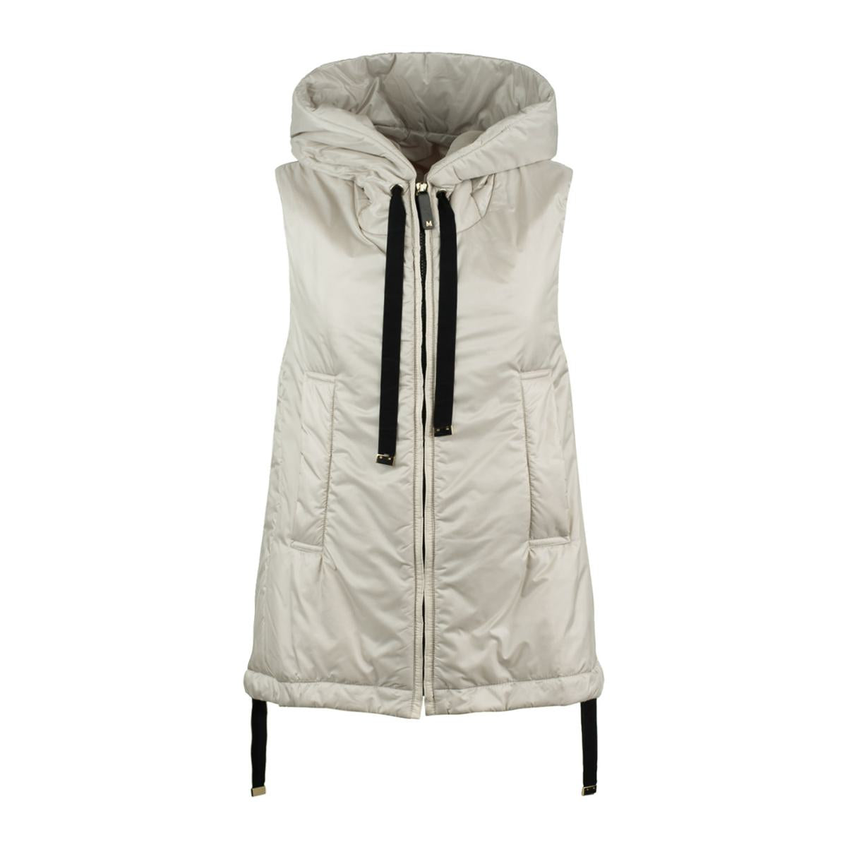 Max Mara Beige Vadderad Väst Med Huva Tillverkad Av Droppsäker Canvas