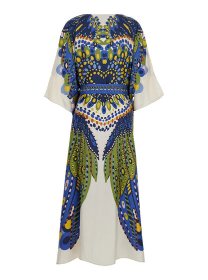Flerfärgad kaftan med skärp i midjan och heltäckande grafiskt tryck i siden för kvinnor