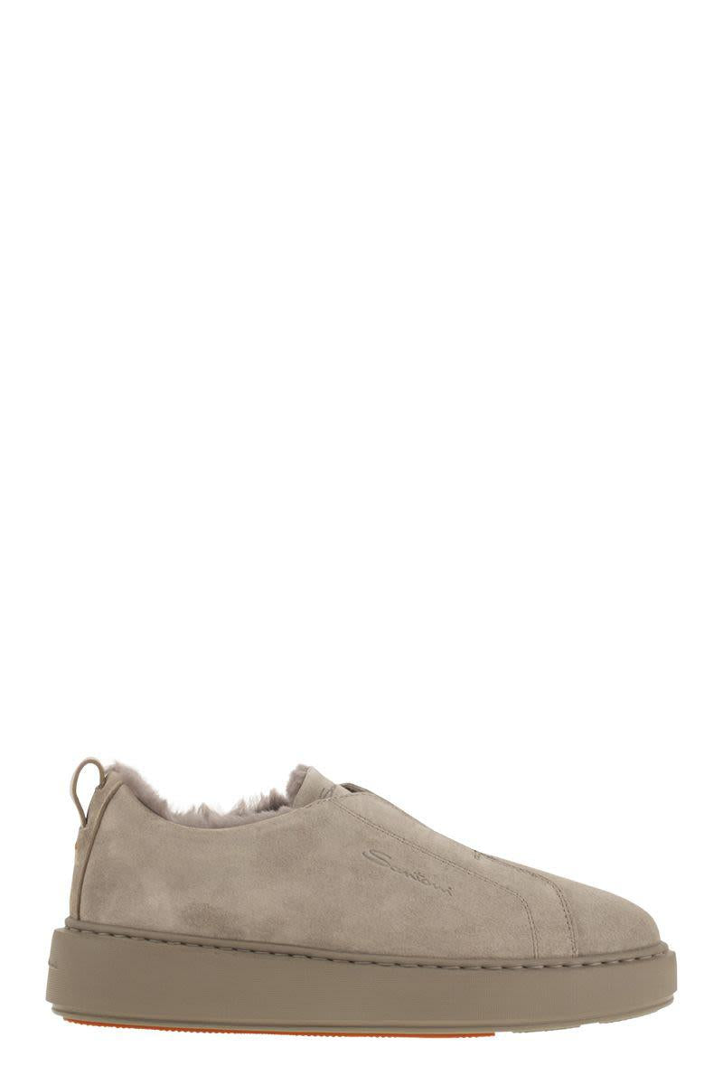 Santoni Slip-On Sneakers i mocka med päls