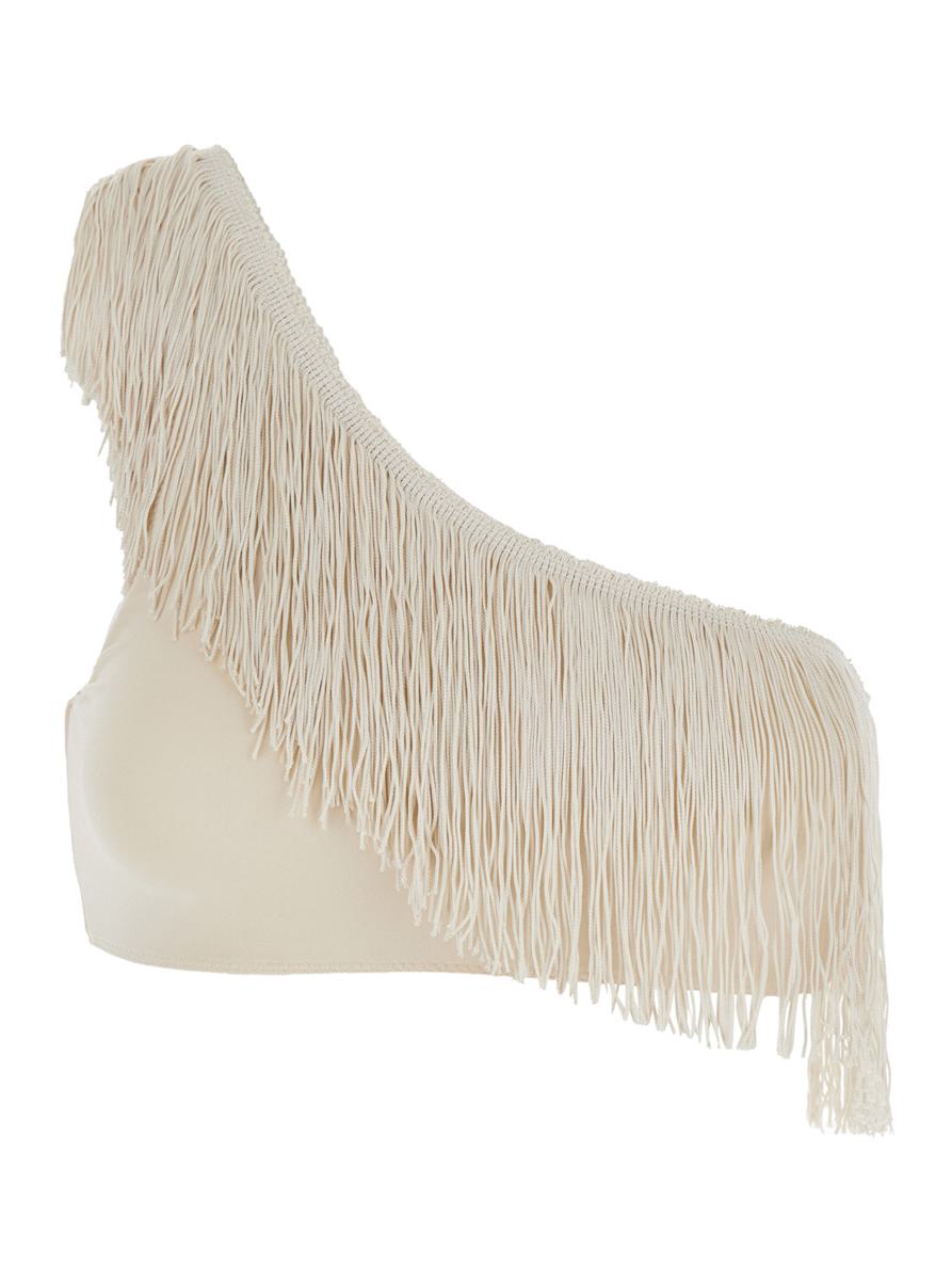 Beige topp med en axel och fransar i stretchigt tekniskt tyg för kvinnor